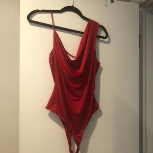 Red off shoulder open back body suit